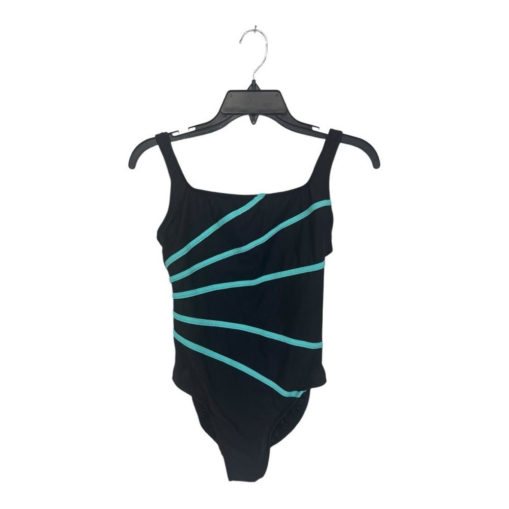 Beach Cabana | 90’s Black Green Stripe One Piece Swimsuit M